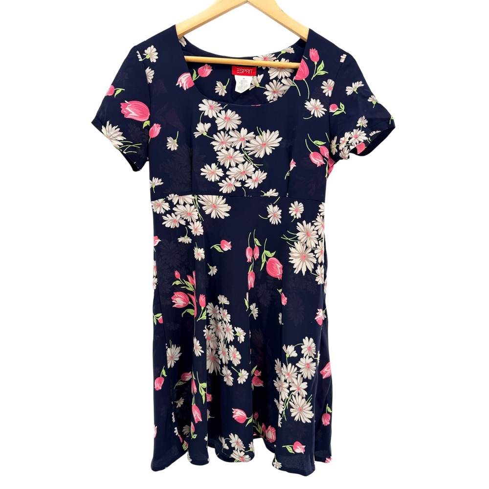 Vintage Esprit Navy Blue Floral Mini Dress Pink Tulip Daisy‎ 90s Made USA M Y2/k
